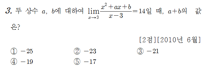 
		                            		
		                            			10-06 평가원 가 - 3번  문제 
		                            		
		                            		
						                       	
						                       		#극한값 계산 - 0/0꼴 - 인수분해(약분 후 대입) 
						                       	
						                       		#도함수의 뜻과 정의 
						                       	
					                       	
					                       	
						                       	
						                       		#수학II>극한>함수의 극한 
						                       	
						                       		#수학II>미분>도함수 
						                       	
					                       	
		                            	